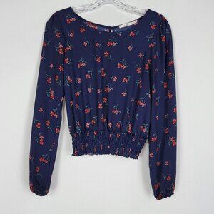 Mi ami Floral Semi Sheer Blouse Womens Top Size XS Miami Smocked Shirt Blue Red